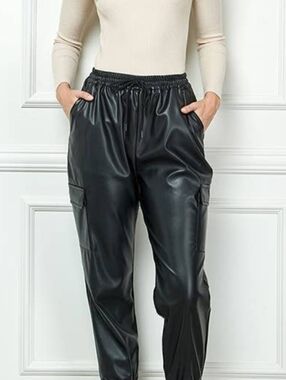 Faux Leather Jogger Pants Black Elastic Waist Drawstring Cargo Style CiSono Med